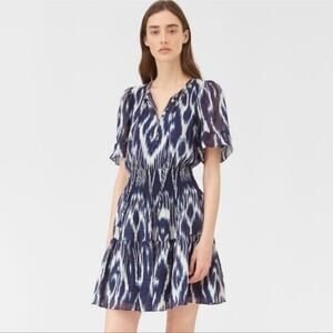 Rebecca Taylor Blue White Short Sleeve Ikat Smocked Silk Mini Dress Size 2